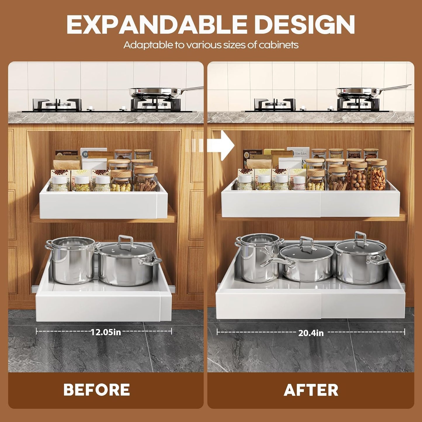 2 Pack Expandable Pull Out Cabinet Organizer 21"Deep With Raising Pad for Framed Cabinets