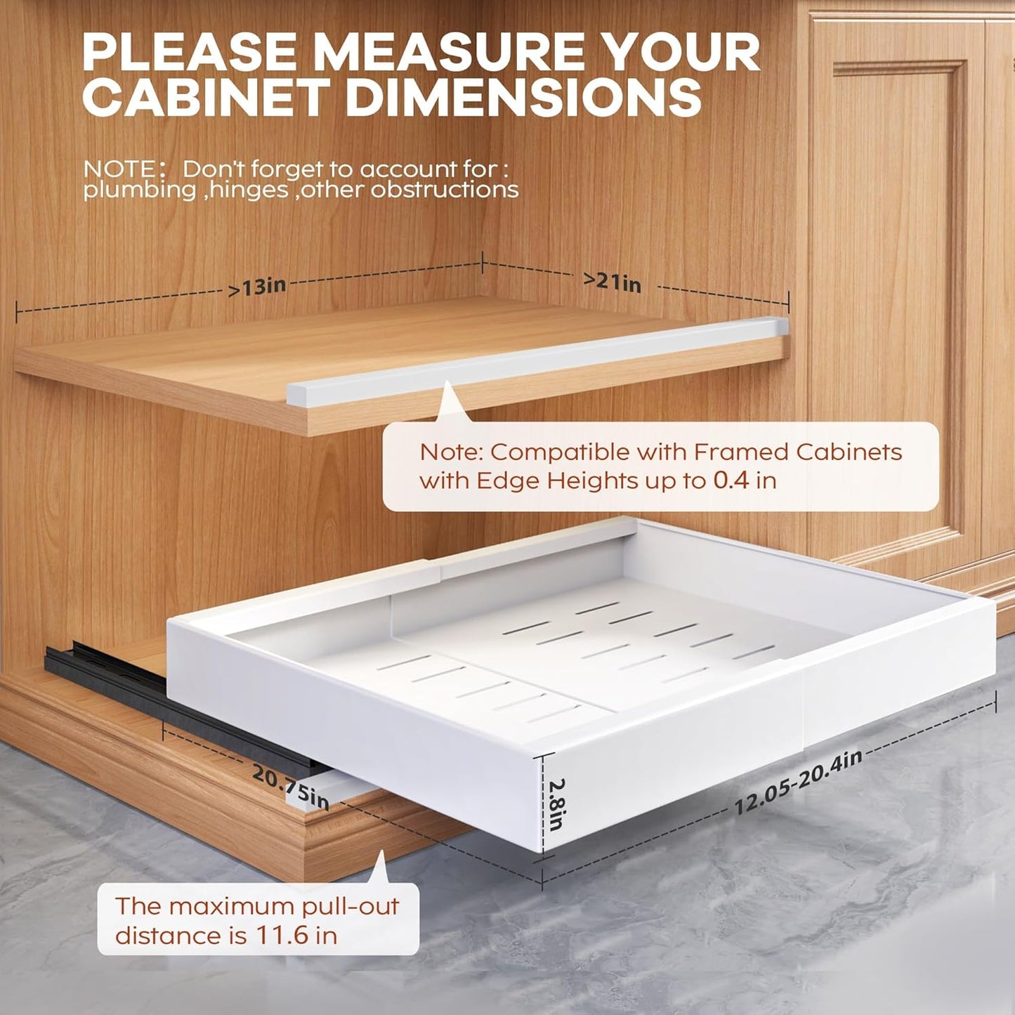 2 Pack Expandable Pull Out Cabinet Organizer 21"Deep With Raising Pad for Framed Cabinets