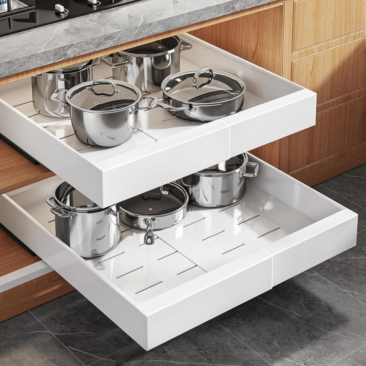 2 Pack Expandable Pull Out Cabinet Organizer 21"Deep With Raising Pad for Framed Cabinets