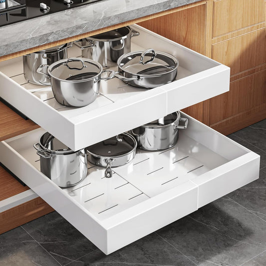 2 Pack Expandable Pull Out Cabinet Organizer 21"Deep With Raising Pad for Framed Cabinets