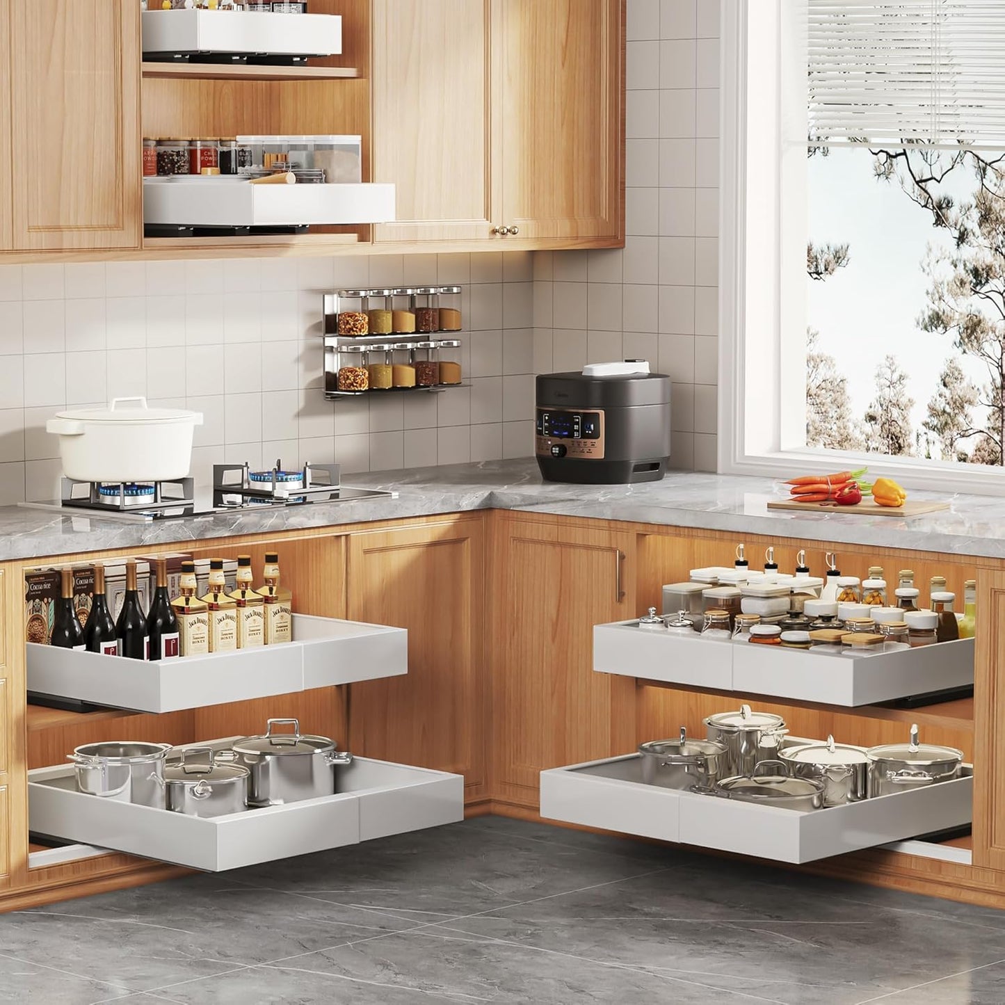 2 Pack Expandable Pull Out Cabinet Organizer 21"Deep With Raising Pad for Framed Cabinets